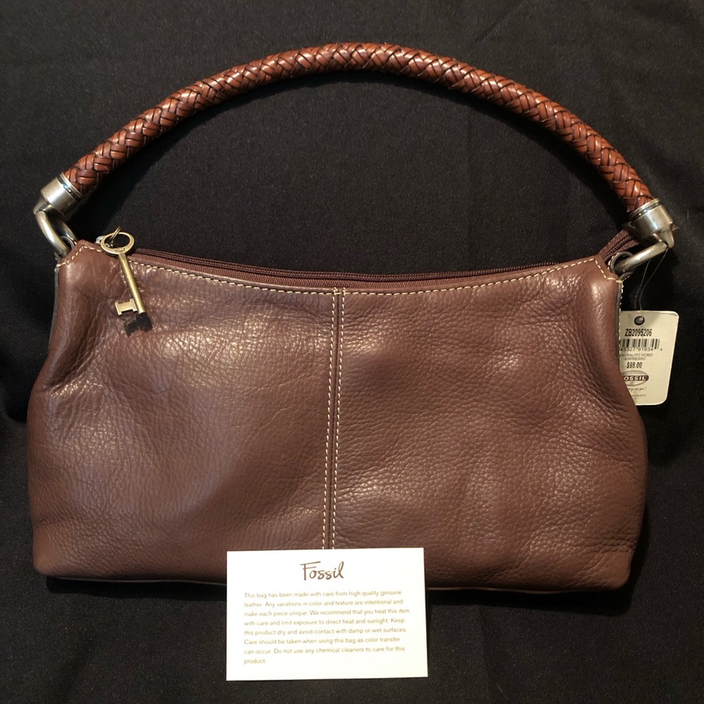 Fossil Brown Leather Shoulder Bag with Braided Handle